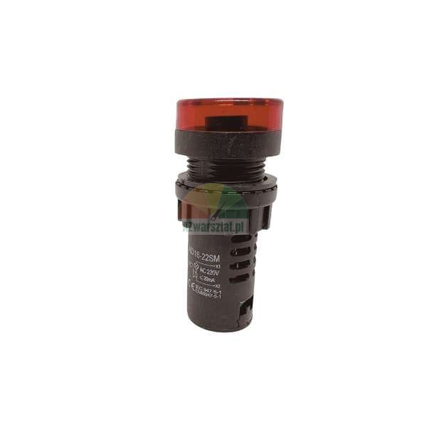 Czerwona lampa sygnalizacyjna LED AD16-22SM, na napięcie 220V AC, do montażu panelowego, na białym tle.