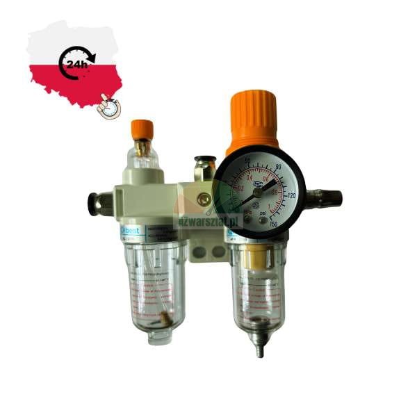Pneumatický filtr a regulátor tlaku s manometrem a oranžovými regulačními knoflíky. Na obrázku je mapa Polska se symbolem '24h' označujícím rychlé dodání.