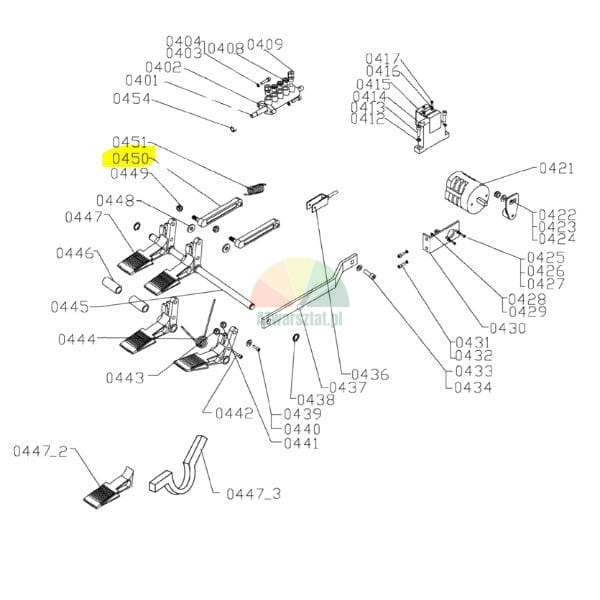 Rozložený pohled na sestavu pedálového mechanismu s očíslovanými díly, s vyznačenými součástmi 0449-0451.