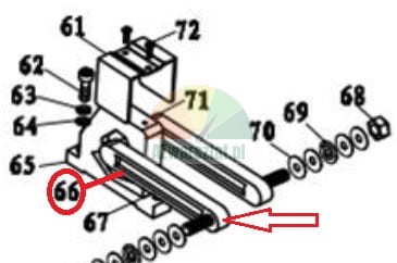 Technický diagram zobrazující zvýrazněné (č. 66) lineární vedení nebo lišty strojního sestavy.
