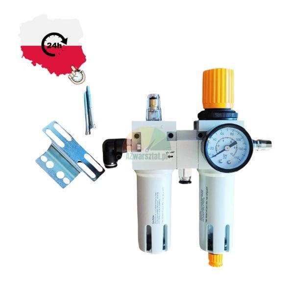 Jednotka pro úpravu stlačeného vzduchu (filtr a regulátor) s manometrem a montážním držákem. Dostupnost 24h v Polsku.