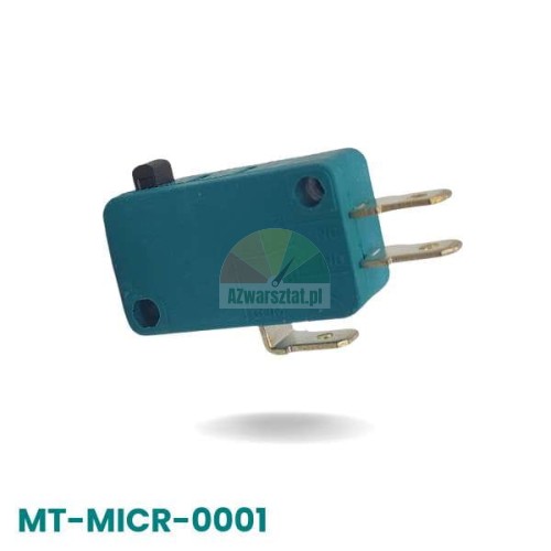 Tyrkysový mikrospínač s černým tlačítkem a kovovými kontakty, model MT-MICR-0001.