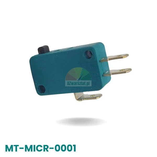 Tyrkysový mikrospínač s černým tlačítkem a kovovými kontakty, model MT-MICR-0001.