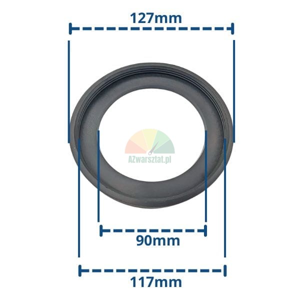 Černé gumové těsnění s rozměry: vnější průměr 127mm, osazovací průměr 117mm a vnitřní průměr 90mm.
