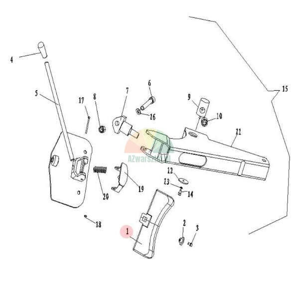 Technický rozkres sestavy pákového mechanismu se zvýrazněnou částí číslo 1 v růžovém kroužku.