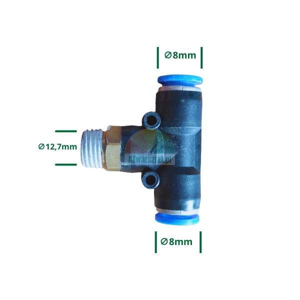 Pneumatická T-spojka, závit G 12,7mm a dva 8mm výstupy