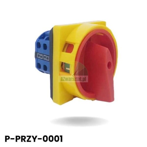 Hlavní vypínač 20A s červeným otočným knoflíkem ve žlutém krytu, model P-PRZY-0001