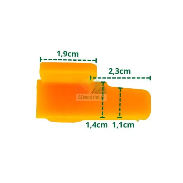 Oranzovy plastovy dil s rozmery: horni sirka 1,9 cm, bocni delka 2,3 cm, vysky 1,4 cm a 1,1 cm.