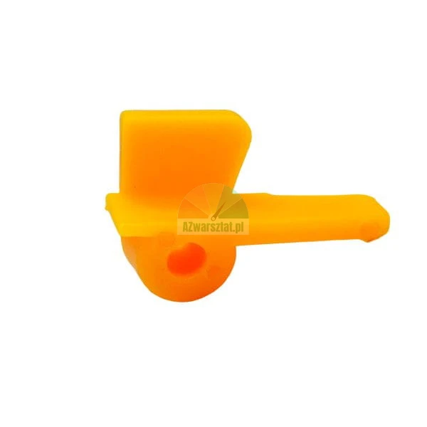 Oranžový plastový prvek mechanismu, připomínající malou spoušť nebo páčku.