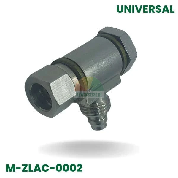 Kovová hydraulická spojka typu T s těsněním a šroubem, model M-ZLAC-0002.