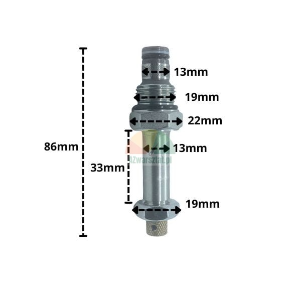 Kovová mechanická součástka s rozměry: celková délka 86mm, délka části 33mm a průměry 13mm, 19mm, 22mm.