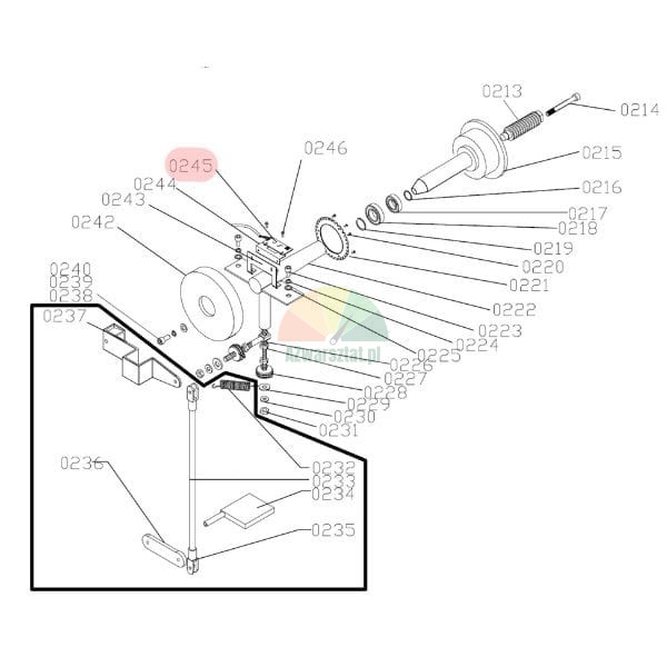 Technický diagram zobrazující rozložený pohled na mechanickou sestavu s očíslovanými díly 0213 až 0246 a zvýrazněným dílem 0245.