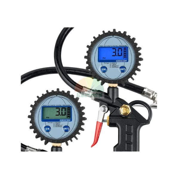 Digitální hustilka pneumatik s manometrem a LCD displejem zobrazujícím tlak 3.0 PSI.