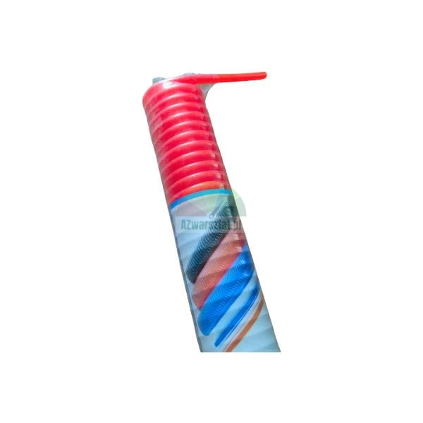 Horní část laboratorní pipety s červeným tlačítkem a barevnými spirálami na bílém těle.