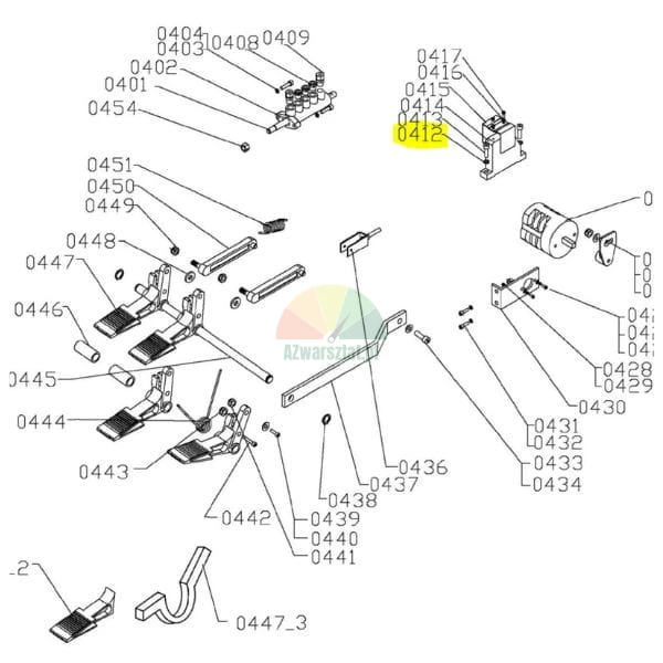 Technický výkres rozloženého pohledu na pedálový mechanismus a ventily s očíslovanými komponenty, zvýrazněny položky 0412 a 0413.
