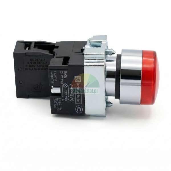 Cervena signalni kontrolka ZB2-BV6 s chromovanym rameckem a cernym telem.