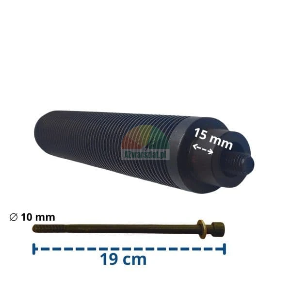 Černý závitový válec s vyznačeným rozměrem 15 mm a dlouhý šroub o průměru 10 mm a délce 19 cm.