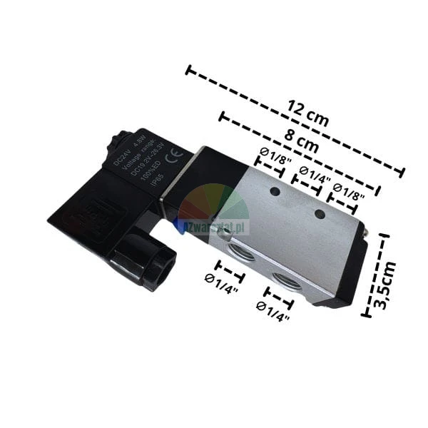 Elektromagnetický pneumatický ventil Typ B s rozměry 12 cm a 8 cm