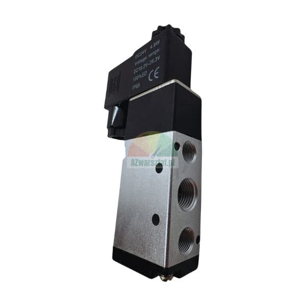 Pneumatický elektromagnetický ventil DC 24V s cívkou a kovovým tělem.