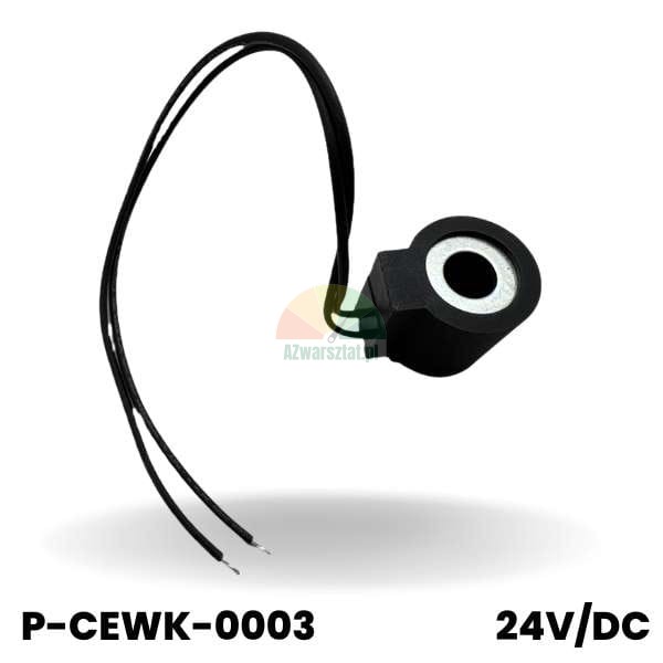 Černá elektromagnetická cívka 24V DC se dvěma vodiči, model P-CEWK-0003.
