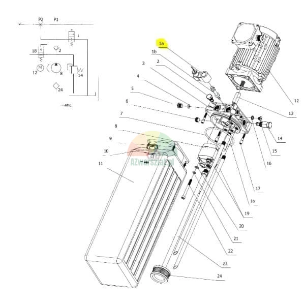 Technické výkresové schéma hydraulického agregátu s očíslovanými díly, motorem, čerpadlem a nádrží, se žlutě zvýrazněným dílem 1a.