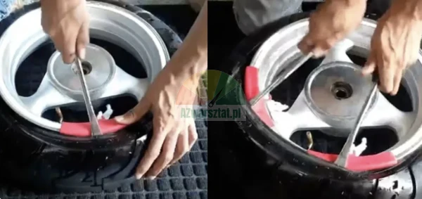Ruční montáž pneumatiky na ráfek motocyklu pomocí montážních pák a červených chráničů ráfků.