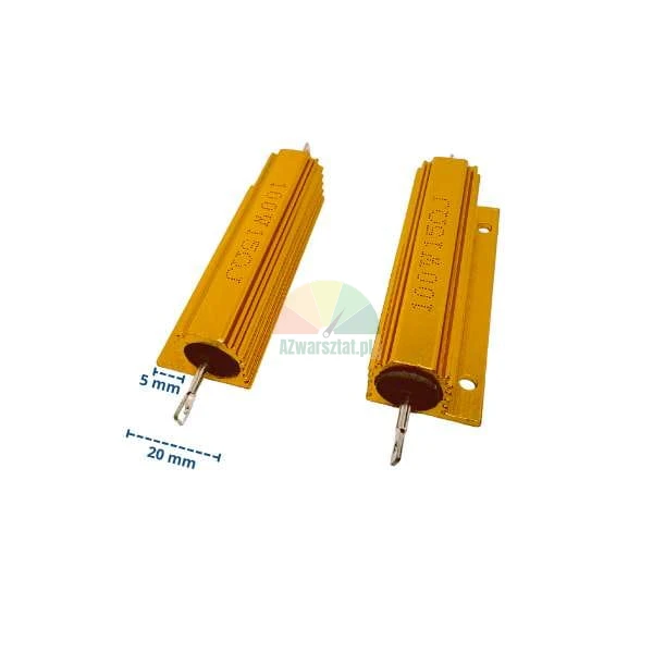 Dva zlaté výkonové rezistory 100W 150 Ohm s kótami 5 mm a 20 mm na bílém pozadí.