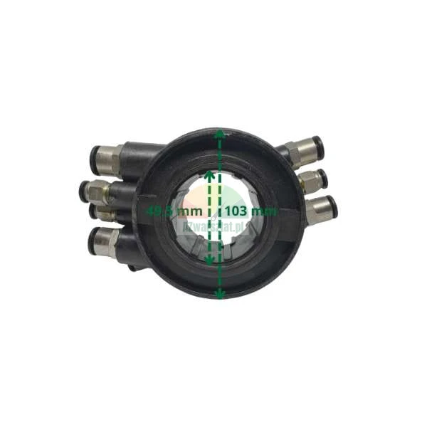 Cerny kruhovy pneumaticky rozdelovac s vnitrnim prumerem 49,5 mm a vnejsim prumerem 103 mm.