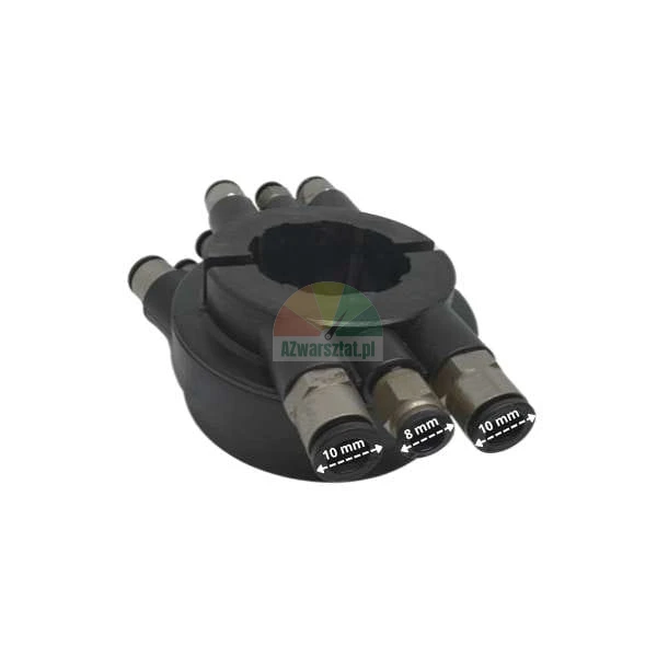 Cerny pneumaticky rozdelovaci krouzek s konektory o prumeru 8 mm a 10 mm.
