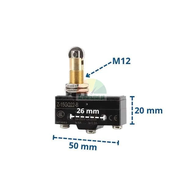 Mikrospínač Z-15GQ22-B s válečkem, rozměry 50x20 mm, rozteč otvorů 26 mm, závit M12.