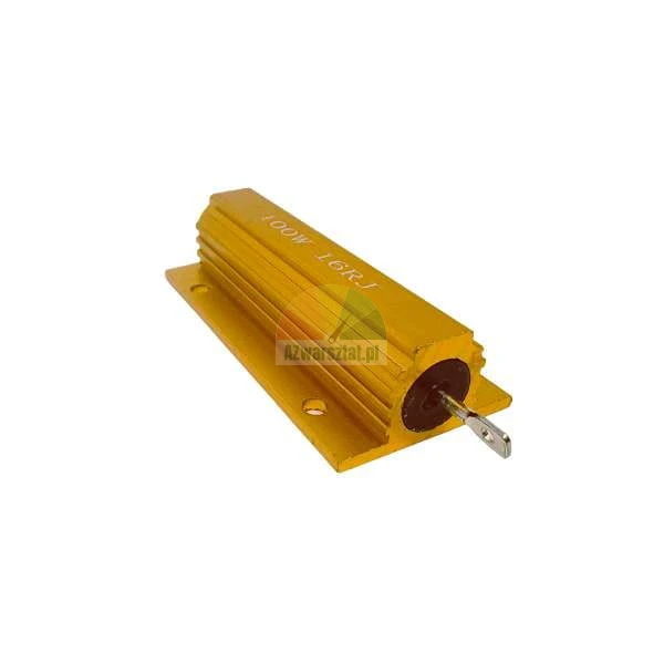 Zlatý výkonový rezistor 100W 16 Ohm v hliníkovém pouzdře s chladičem na bílém pozadí.