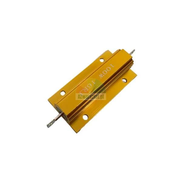 Zlatý výkonový rezistor 100W 16 Ohm v hliníkovém pouzdře s chladičem.