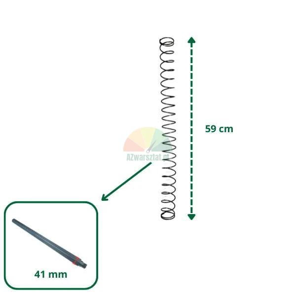 Pružina s výškou 59 cm a detailní pohled na součást o délce 41 mm.