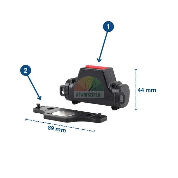 Magnetický senzor s montážní základnou, rozměry délka 89 mm a výška 44 mm, prvky označené čísly 1 a 2.