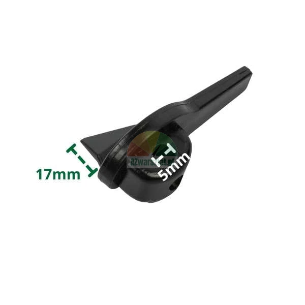Černý plastový komponent s vyznačenými rozměry 17 mm a 5 mm na bílém pozadí.