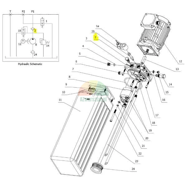 Rozložený pohled na hydraulický agregát znázorňující motor, nádrž a čerpadlo, s hydraulickým schématem a žlutě zvýrazněným prvkem číslo 2.