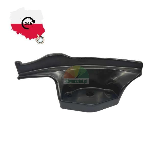 Černý plastový kryt nebo montážní prvek nepravidelného tvaru s montážními otvory.