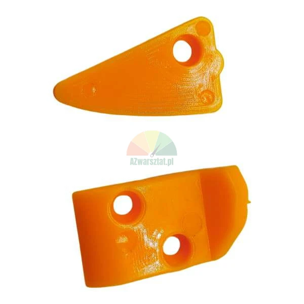 Dva oranžové 3D tištěné plastové komponenty s montážními otvory na bílém pozadí.