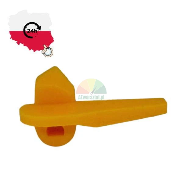 Žlutý plastový prvek, rukojeť mechanismu na bílém pozadí s logem doprava z Polska 24h.
