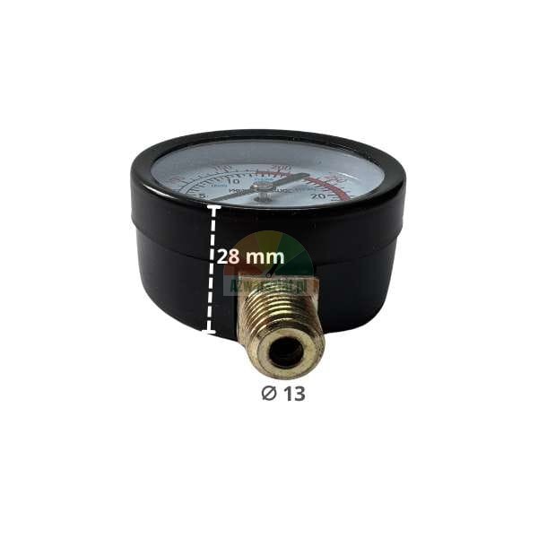 Tlakoměr v černém pouzdře s vyznačenou výškou 28 mm a průměrem závitu 13 mm.