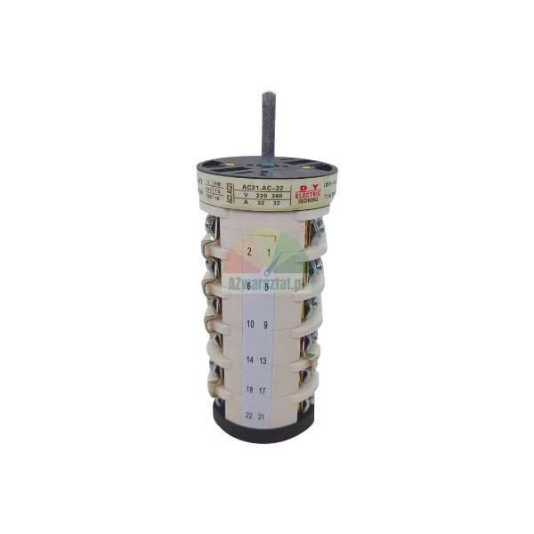 Vicestupnovy vackovy spinac DY Electric, 32A, 220/380V, bocni pohled na ocislovane svorky.