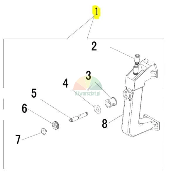 Technické schéma mechanické sestavy s díly očíslovanými 1 až 8, kde číslo 1 označuje celou sadu.