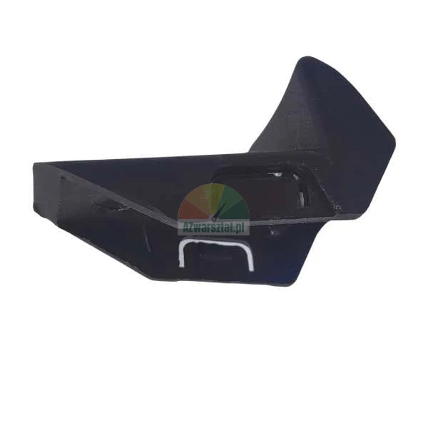 Černý plastový montážní prvek s viditelnou bílou sponou na bílém pozadí.