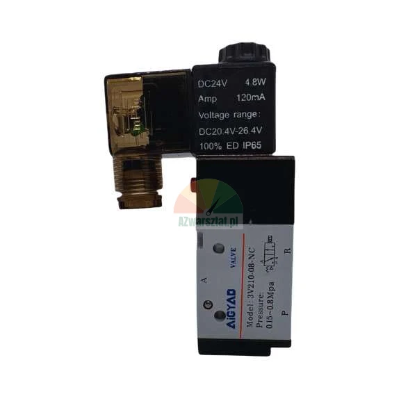 Pneumatický elektromagnetický ventil AIGYAD 3V210-08-NC, DC 24V, 3/2-cestný NC, krytí IP65.
