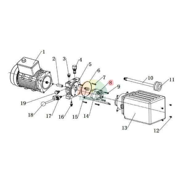 Rozkreslené schéma hydraulické jednotky se zvýrazněným dílem číslo 8, znázorňující sestavu motoru, čerpadla a nádrže.