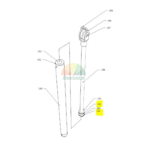 Technický výkres sestavy hydraulického válce s díly 150-159 a žlutě zvýrazněným prvkem 154.
