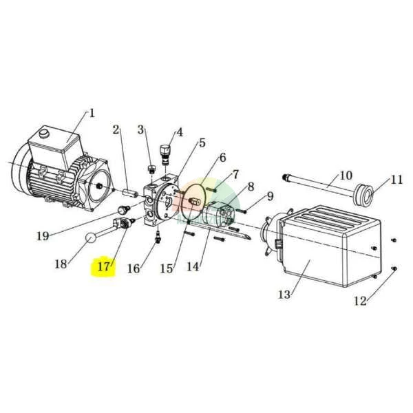 Rozkreslené schéma hydraulického agregátu se žlutě zvýrazněnou součástkou číslo 17.