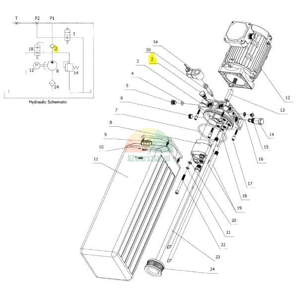 Rozložený pohled a hydraulické schéma hydraulického agregátu se zvýrazněným zpětným ventilem (číslo 2).