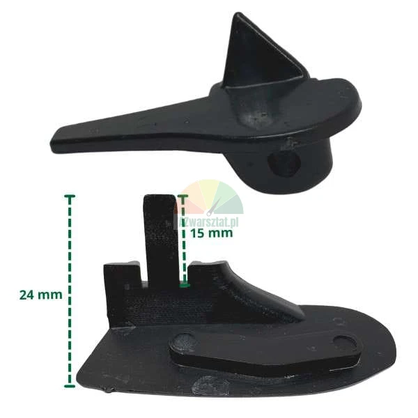 Černý plastový konstrukční prvek o rozměrech 15 mm a 24 mm zobrazený ze dvou perspektiv.