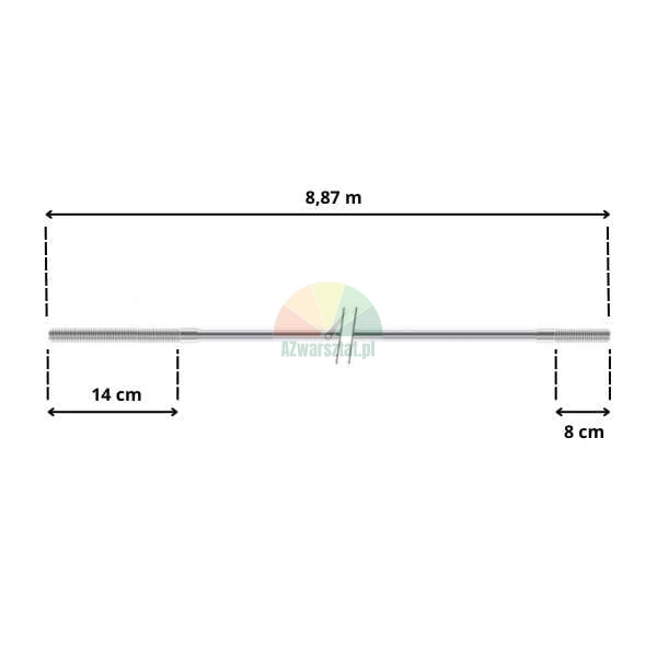Technické schéma kovové tyče o celkové délce 8,87 m se závitovými konci o délce 14 cm a 8 cm.